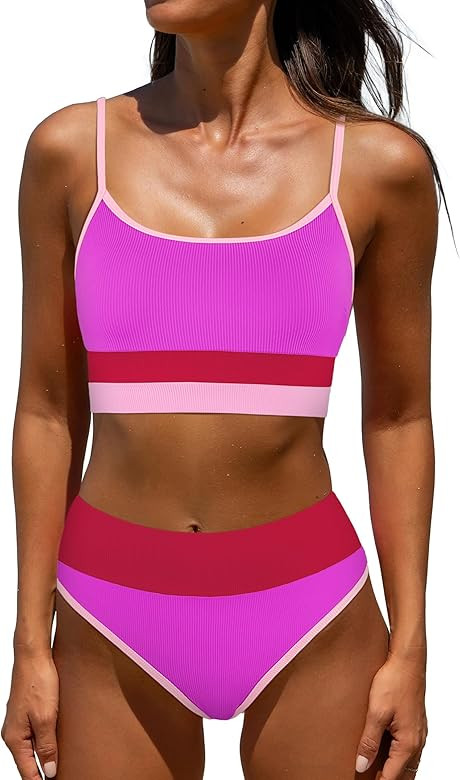 popvil Women Bikini Sets High Waisted Bathing Suit - Sporty Two Piece Swimsuit Tummy Control Chee... | Amazon (US)