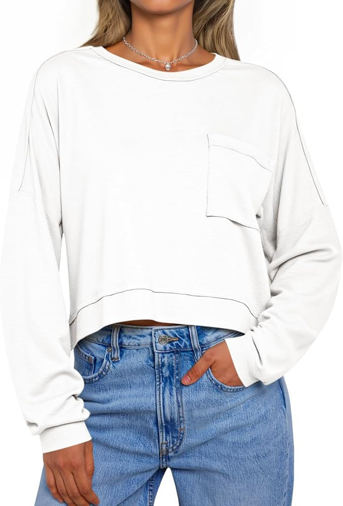 Tankaneo Womens Cropped Long Sleeve Shirts Trendy Casual Boxy Fall Tops Loose Fit Crew Neck Tees ... | Amazon (US)