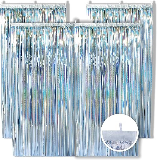 Valery Madelyn 4pcs 3.3x6.6ft Silver Tinsel Foil Fringe Curtain Metallic Tinsel Backdrop for Part... | Amazon (US)