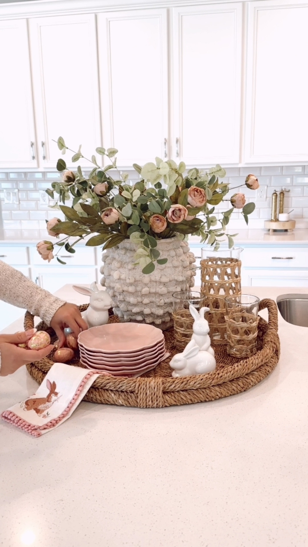 Easter Tray Decor - Kitchen Decor - Easter Floral Stems - Easter Decor Ideas - Bunnies - bunny - rattan tray - eucalyptus - pink dishes #LTKMostLoved 

#LTKhome #LTKstyletip