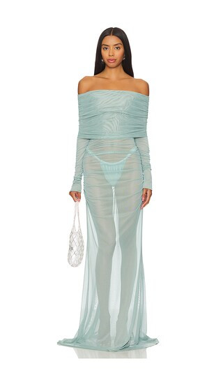 Mesh Off The Shoulder Gown in Cyan Sexy Outfits Sexy Dress Sexy Date Night Outfits Fall Winter Dress | Revolve Clothing (Global)