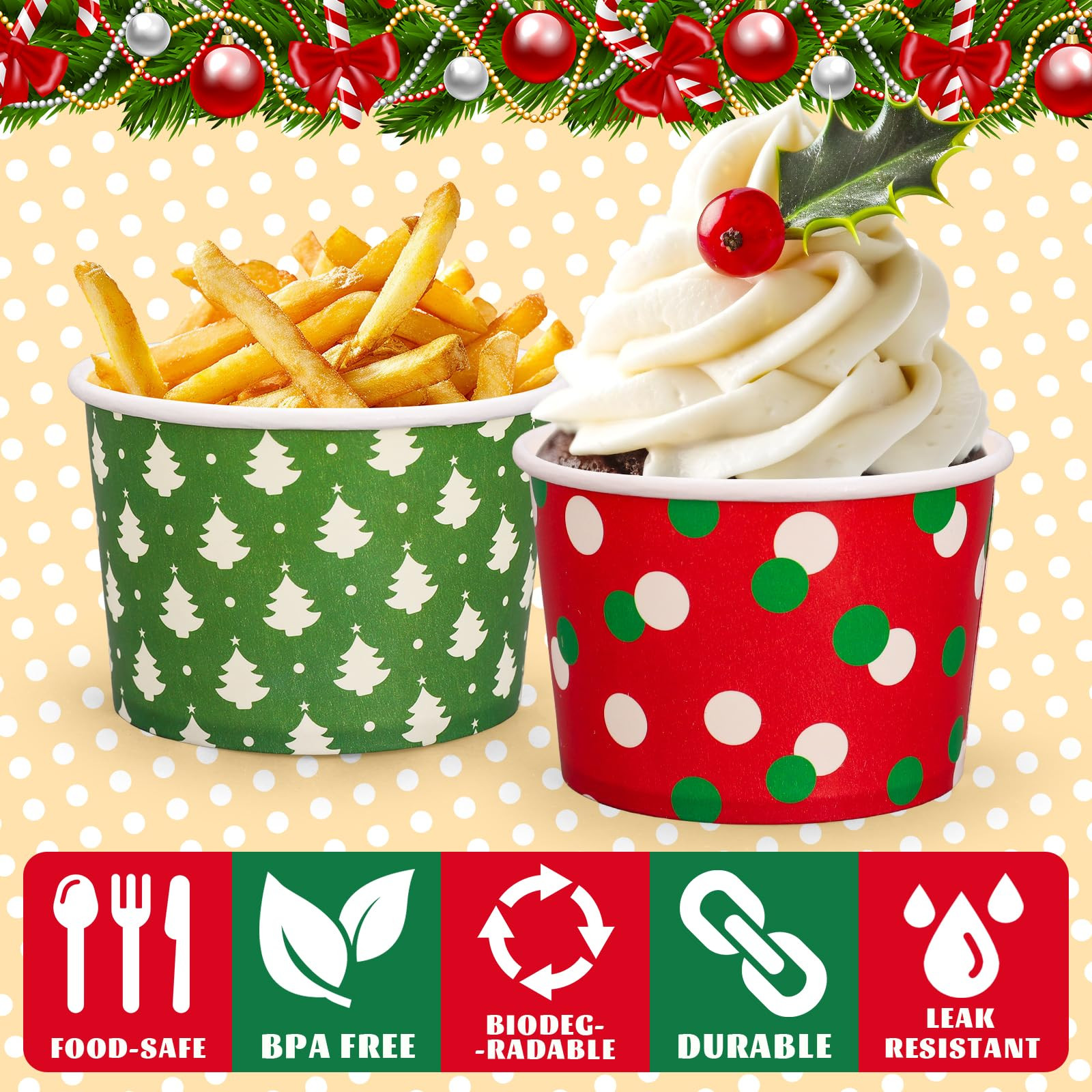 Whaline 60 Pcs Christmas Snack Cups Xmas Tree Snowflake Polka Dots Disposable Bowls 9oz Ice Cream... | Amazon (US)