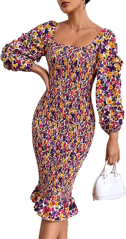 PRETTYGARDEN Women's Long Puff Sleeve Floral Midi Bodycon Square Neck Ruffle Mermaid Smocked Dres... | Amazon (US)