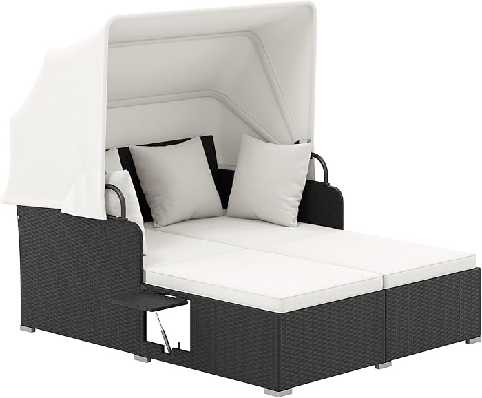 Tangkula Patio Rattan Daybed with Retractable Canopy, Outdoor Wicker Sunbed Lounger with 2 Foldab... | Amazon (US)