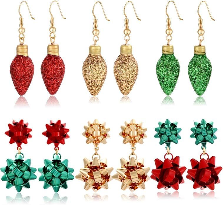 6pairs Christmas Drop Earrings Xmas Present Bow Earrings Glitter Light Bulb Dangle Earrings Chris... | Amazon (US)