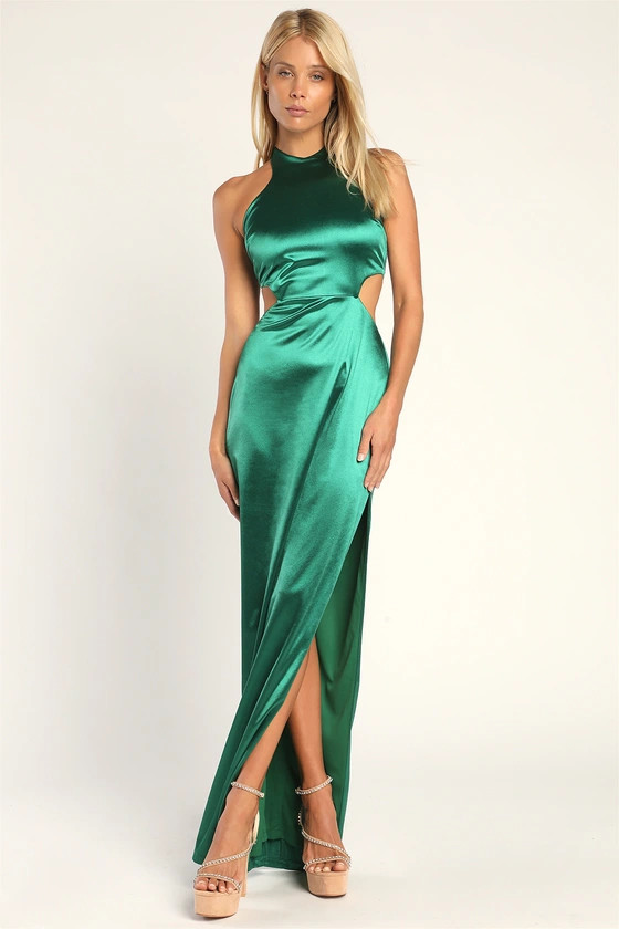Just as Gorgeous Emerald Green Satin Halter Cutout Maxi Dress | Lulus (US)