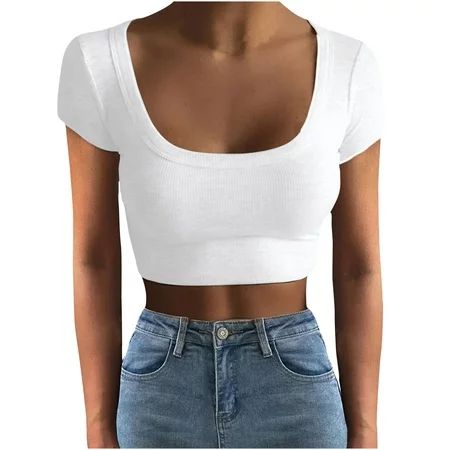 Workout Tops for Women Ribbed Scoop Neck Cropped Yoga Tops Tee Shirts Stretchy Slim Tight Tshirt Sol | Walmart (US)