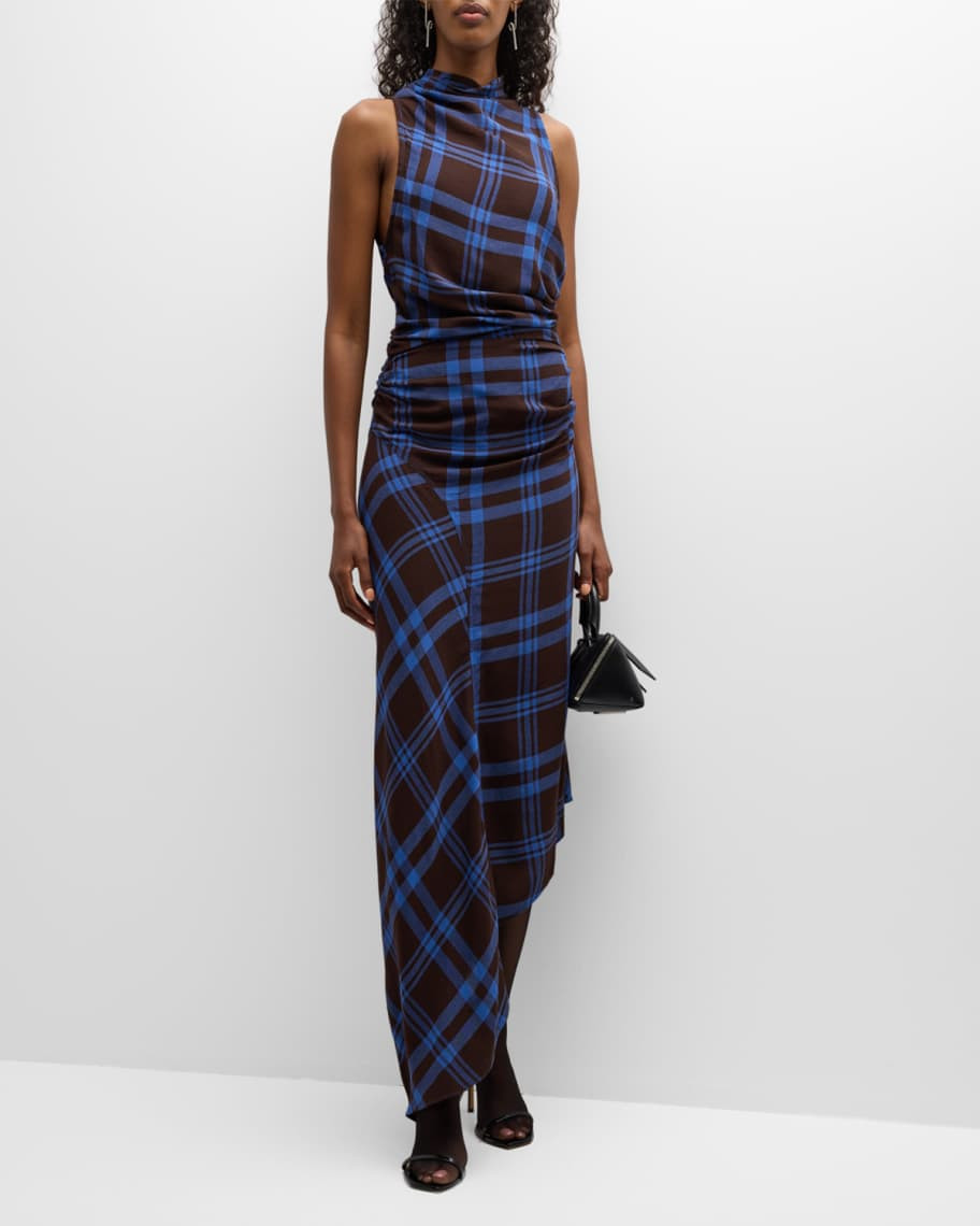 A.L.C. Iggy Plaid Draped High-Neck Maxi Dress | Neiman Marcus