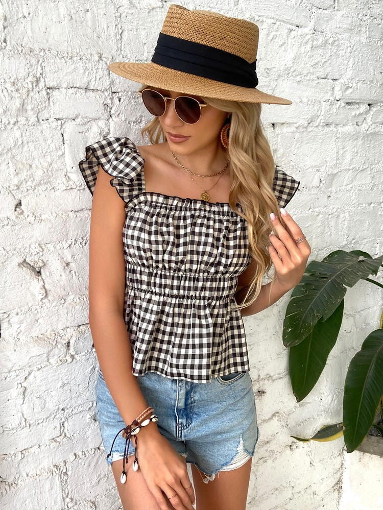 Gingham Ruffle Sleeve Peplum Hem Top | SHEIN