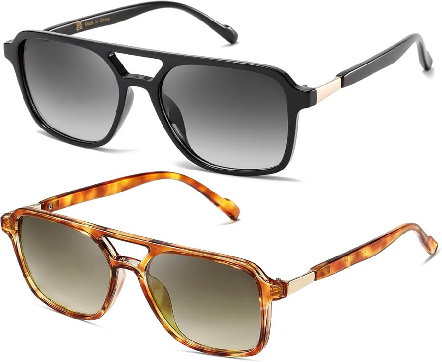 (2 PACK) Retro Aviator Sunglasses for Women Men Square Frame Rectangle Trendy Sun Glasses | Amazon (US)