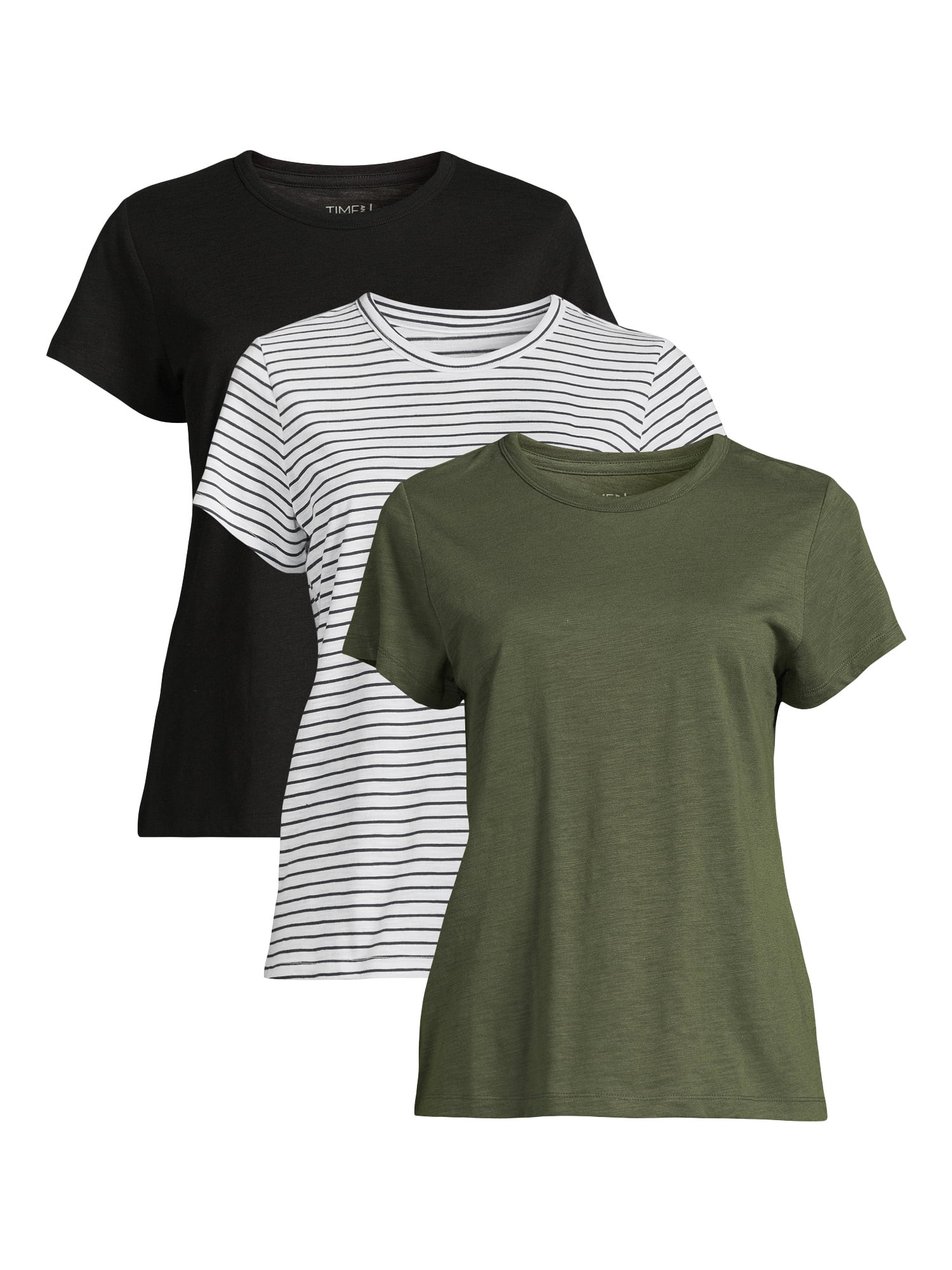 Time and Tru Women's Slub Crewneck Tees with Short Sleeves, 3-Pack, Sizes XS-XXXL - Walmart.com | Walmart (US)