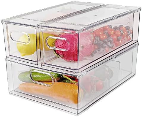 shopwithgreen 3 Pack Stackable Refrigerator Organizer Bins with Pull-out Drawer, Drawable Clear F... | Amazon (US)