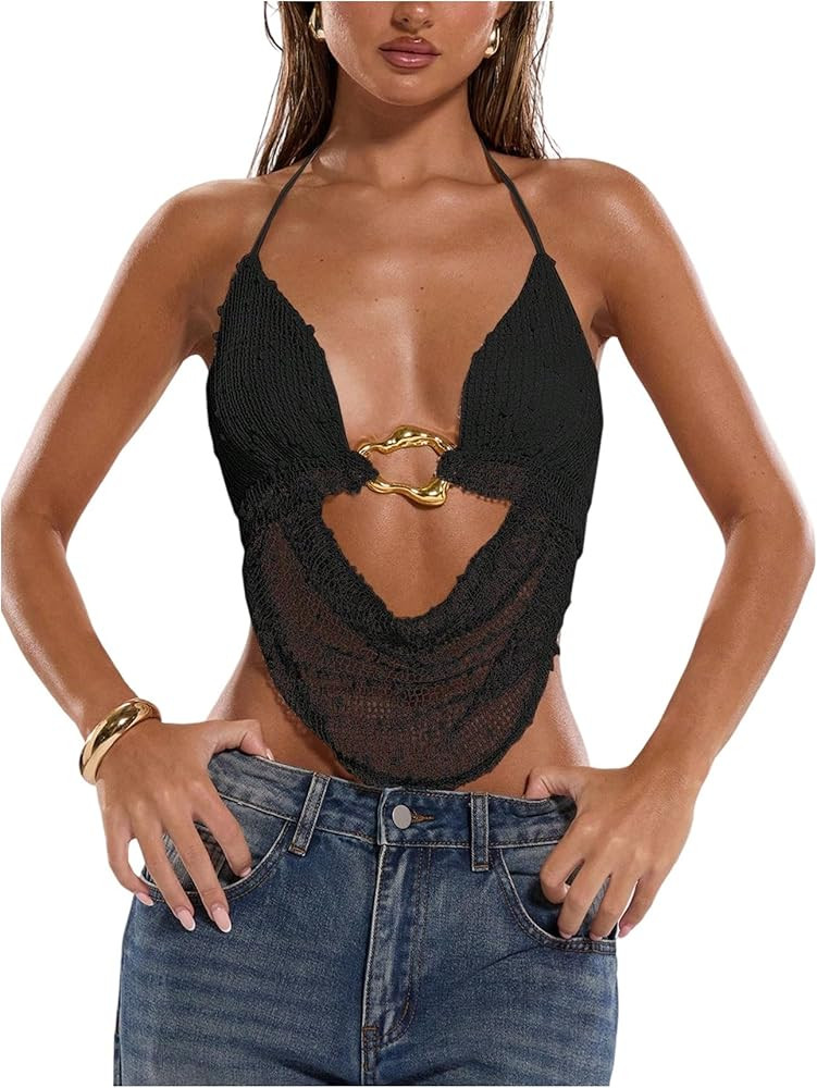 MakeMeChic Women's Summer Crochet Halter Tank Top Open Back Draped Front Rave Festival Vacation G... | Amazon (US)