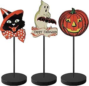 3Pcs Happy Halloween Wood Table Decor Sign Black Cat Halloween Standing Wood Blocks Halloween Gho... | Amazon (US)