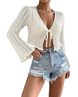 SOLY HUX Women's Tie Front Tops Bell Long Sleeve Knit Crochet Cardigan Crop Top Solid Blue S | Amazon (US)