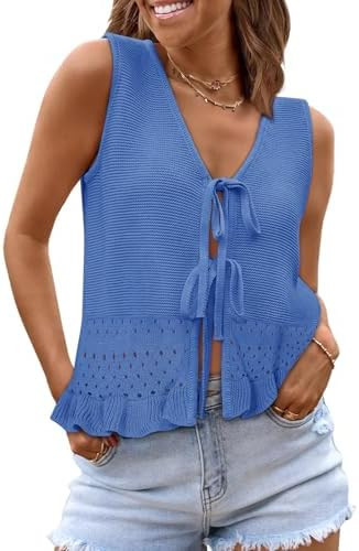 COCCKO Womens Crochet Tops Tie Front Tops Sleeveless Ruffle Eyelet Beach Fashion Summer Casual Cu... | Amazon (US)