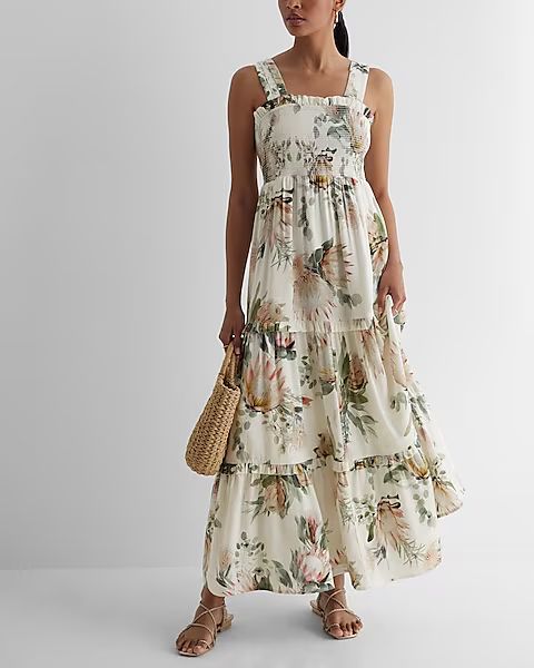 Linen-Blend Floral Square Neck Smocked Tiered Maxi Dress | Express