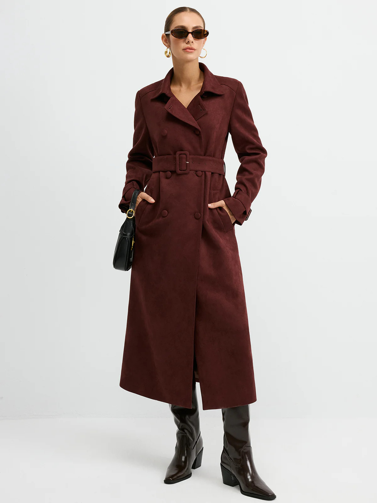 Suede Effect Double-Breasted Long Trench Coat | Commense