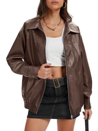 grewley Womens Jackets for Brown Women Faux Oversized Leather Bomber Jacket Fall Fashion Outfits Winter Clothes Brown L | Amazon (US)