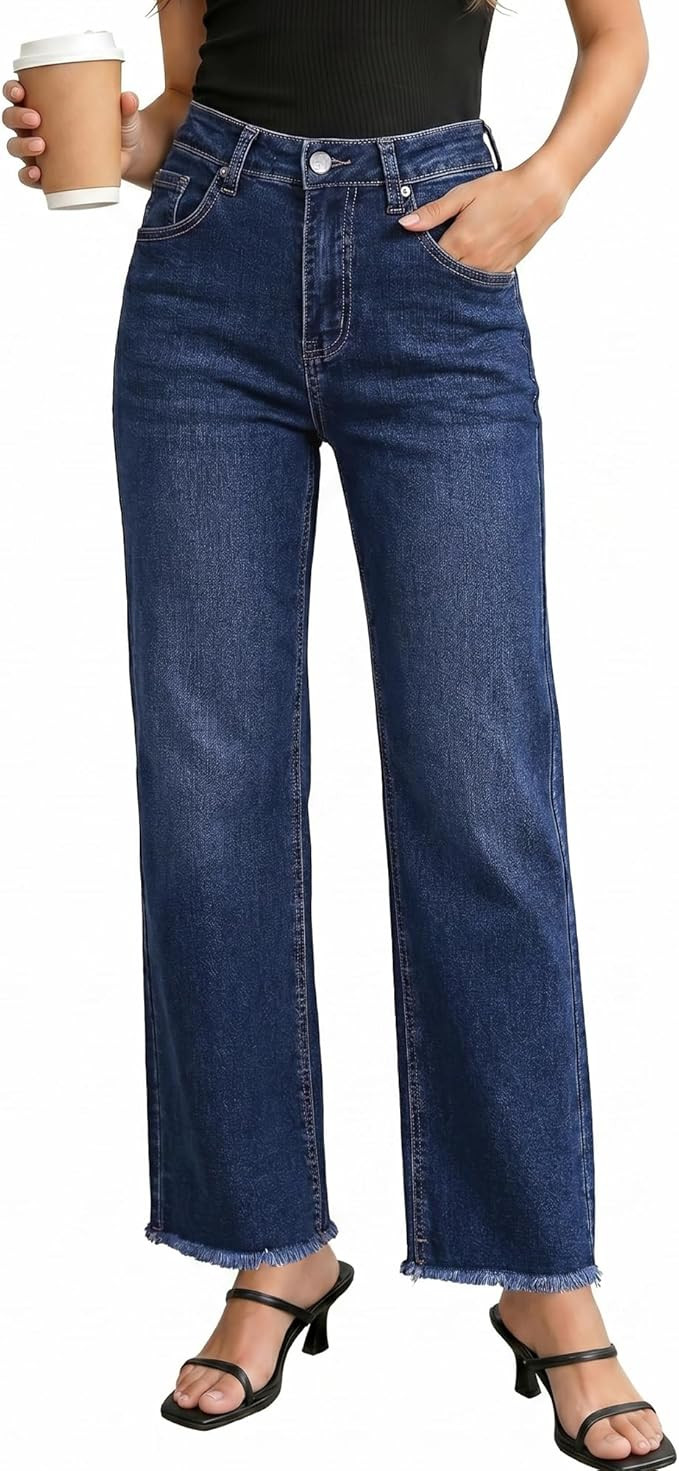 GRAPENT Straight Leg Jeans for Women High Waisted Stretchy Frayed Raw Hem Loose Denim Pants Casua... | Amazon (US)