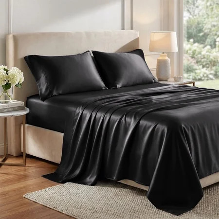 Lipa Satin Sheets Queen Sheet Set, Silky Luxury Bed Sheets With Deep Pocket,4 Pieces,Black | Walmart (US)
