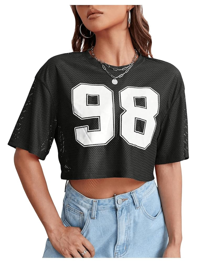 Verdusa Women's Cropped Jersey Shirts Graphic Tees Waffle Short Sleeve Vintage T Shirts Crop Tops | Amazon (US)