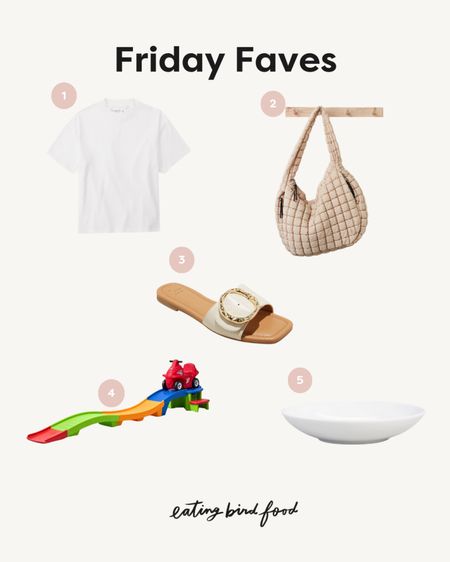 Friday Faves ❤️
1️⃣ The perfect basic white tee for everyday wear. And it gets so soft after you wash it. I wear a size small. 
2️⃣ Love this Free People quilted tote. Perfect for taking to a yoga class, as a mom/diaper bag or for traveling. 
3️⃣ How cute are these sandals? Definitely look more expensive than $25. They run narrow so might not be the best if you have a wide foot, but they are v cute!
4️⃣ My kids are obsessed with this thing and would ride on it all day if I let them. We got it when Olivia was 2 and she still enjoys it and now Tucker loves it as well. 
5️⃣ These are my favorite bowls to eat out of. You’ll see them in my videos all the time. They’re called soup bowls but I love them for everything! We’ve had them for years and they’ve held up much better than my Crate & Barrel dishes. 
 


#LTKkids #LTKhome #LTKtravel