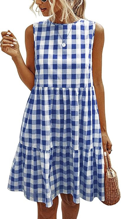 PRETTYGARDEN Women's Casual Plaid Sleeveless Ruffle Sundress Round Neck A-Line Pleated Mini Short... | Amazon (US)
