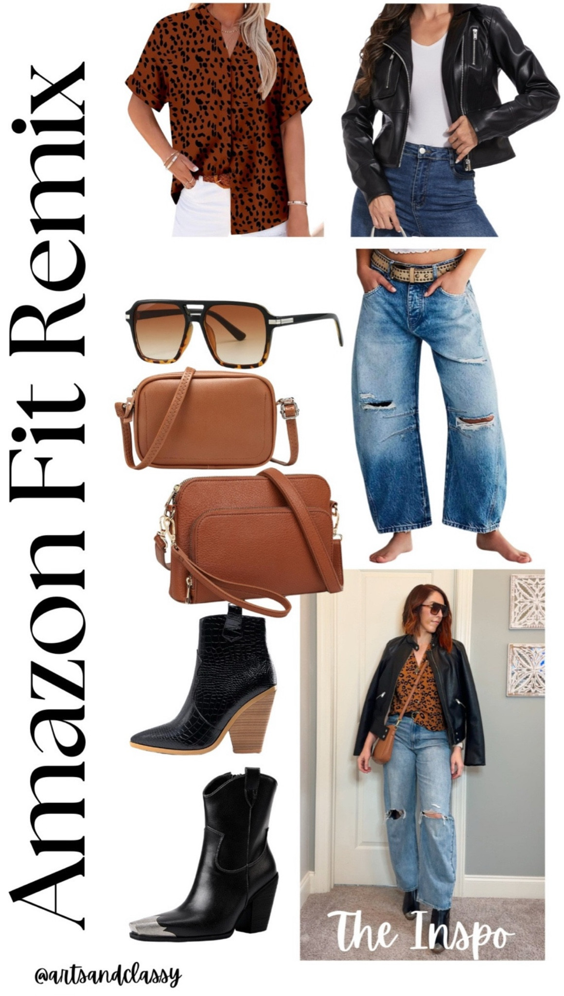 Mixing edge with comfort—these barrel jeans are a tall-girl fave! Paired with a leopard print top, moto jacket, western booties, aviators, and a crossbody bag, this look is perfect for travel or casual days. Shop the full outfit on my Amazon storefront! #AmazonFashion #TallGirlFashion 

 

#LTKFindsUnder100 #LTKStyleTip