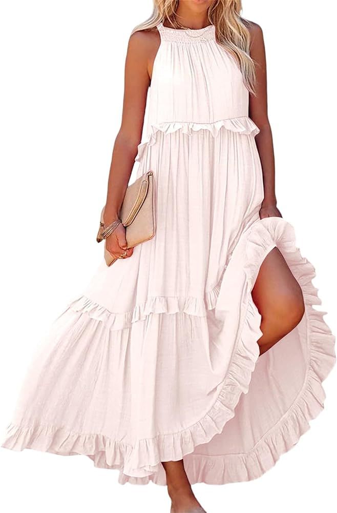 Womens Summer Sleeveless Dress Halter Tie Back Loose Flowy Ruffle Tiered Maxi Dress Beach Swing L... | Amazon (US)