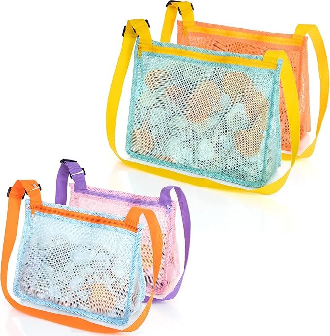 JOTO Beach Mesh Bag Shell Bags, 2 Large & 2 Standard Kids Sand Toy Seashell Collecting Bag for Pi... | Amazon (US)