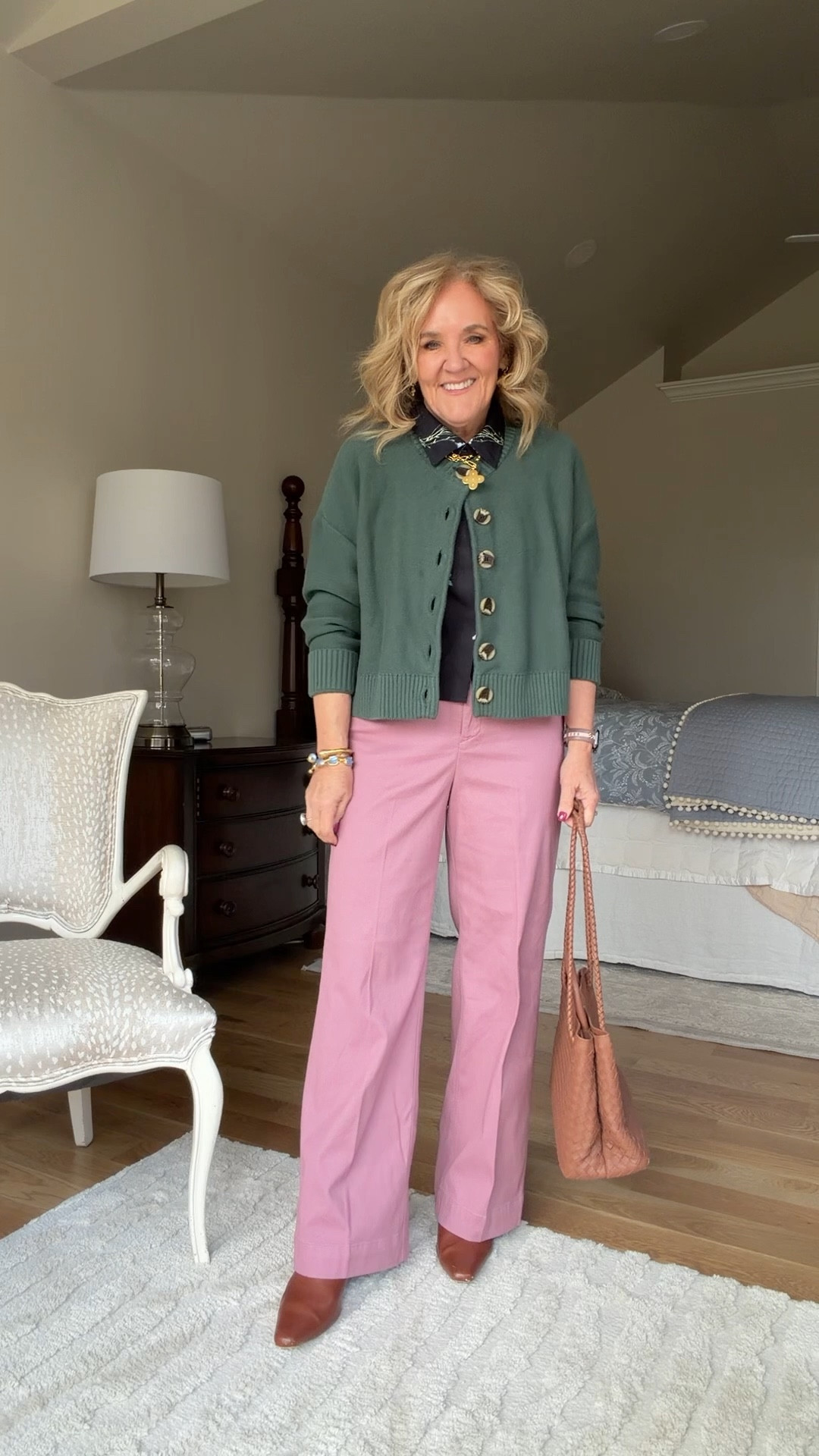 Sweater size medium the green has been restocked, but hurry. It always sells fast.
New spanx stretch 12 full length pants wearing a size medium petite. I love the new design and the twill is a little bit lighter than it was last year which I like.
The blouse is part of a two-piece set from Amazon

#LTKOver40 #LTKPetite #LTKWorkwear