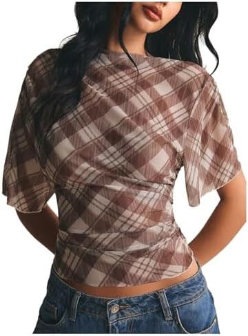 Milumia Women's Plaid Mesh Sheer Short Sleeve Top Boat Neck Crop Tee Blouse | Amazon (US)