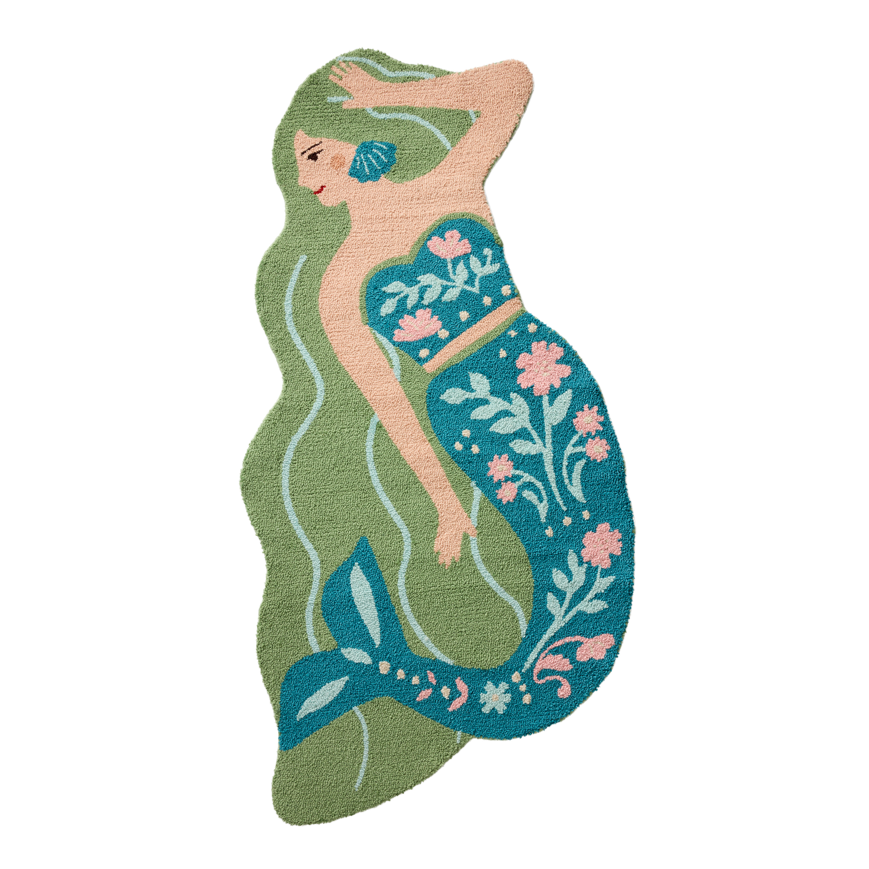 Floral Mermaid Shaped Hand Hooked Indoor Outdoor Rug | World Market