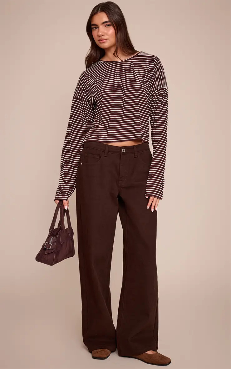 Chocolate Ribbed Stripe Oversized Slouchy Long Sleeve Top | PrettyLittleThing UK