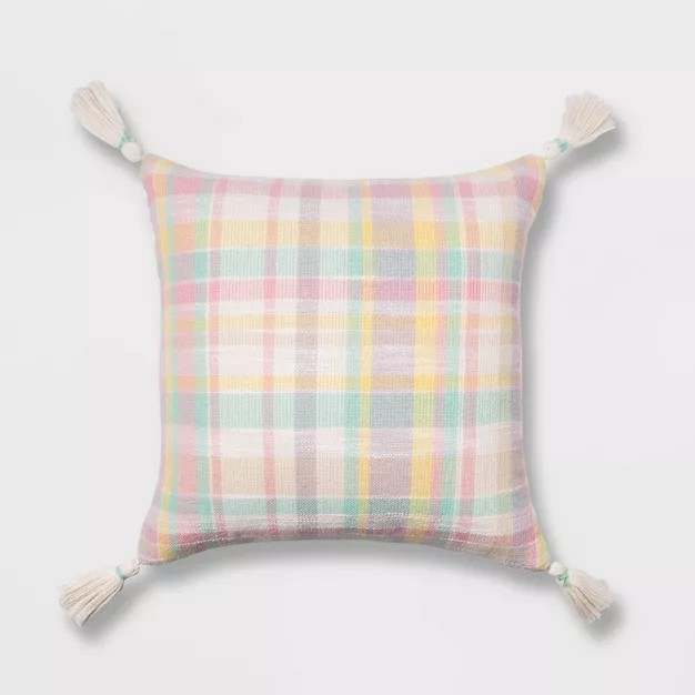 Easter Plaid Throw Pillow with Tassels Pink/Yellow - Spritz™ | Target