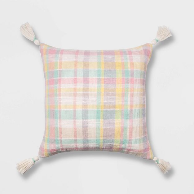 Easter Plaid Throw Pillow with Tassels Pink/Yellow - Spritz™ | Target