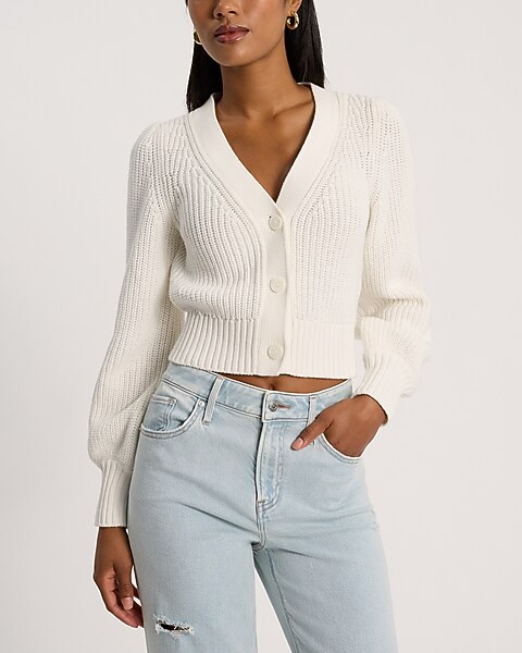 Ribbed Balloon Sleeve Button Front Cardigan | Express