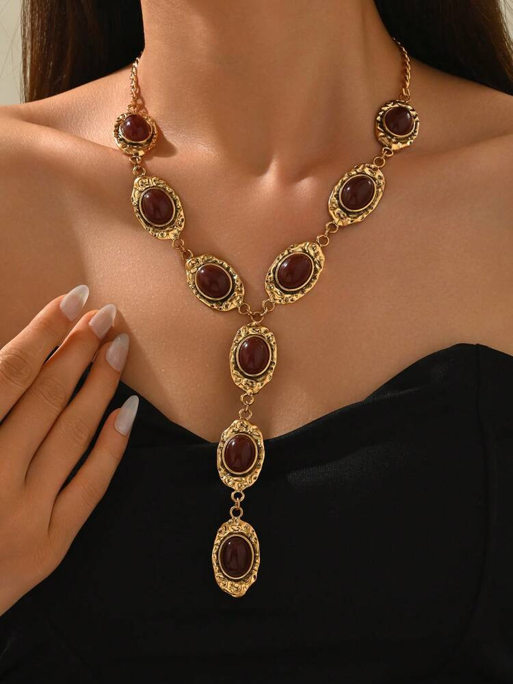 1pc Vintage Exaggerated Fashion Imitation Red Gemstone Y-Shaped Tassel Long Necklace, Chunky Jewelry, Baroque Style French Luxury Geometric Thick Gold Chain Necklace, Suitable For Women's Daily, Banquet, Party Wear | SHEIN