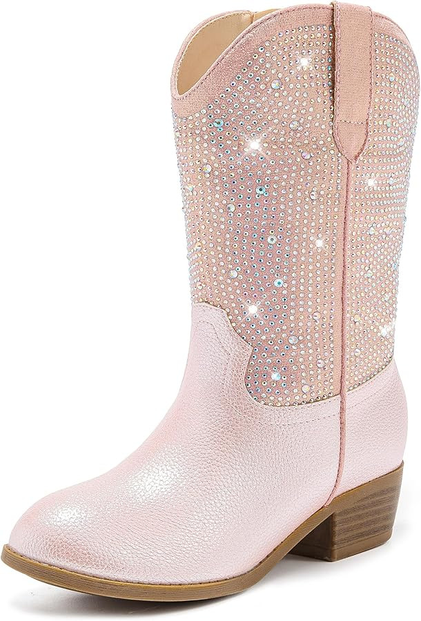 Rhinestone Sparkly Girls Cowgirl Cowboy Boots Little Kids Dress Boot Pointed Toes Low Heel Mid Ca... | Amazon (US)