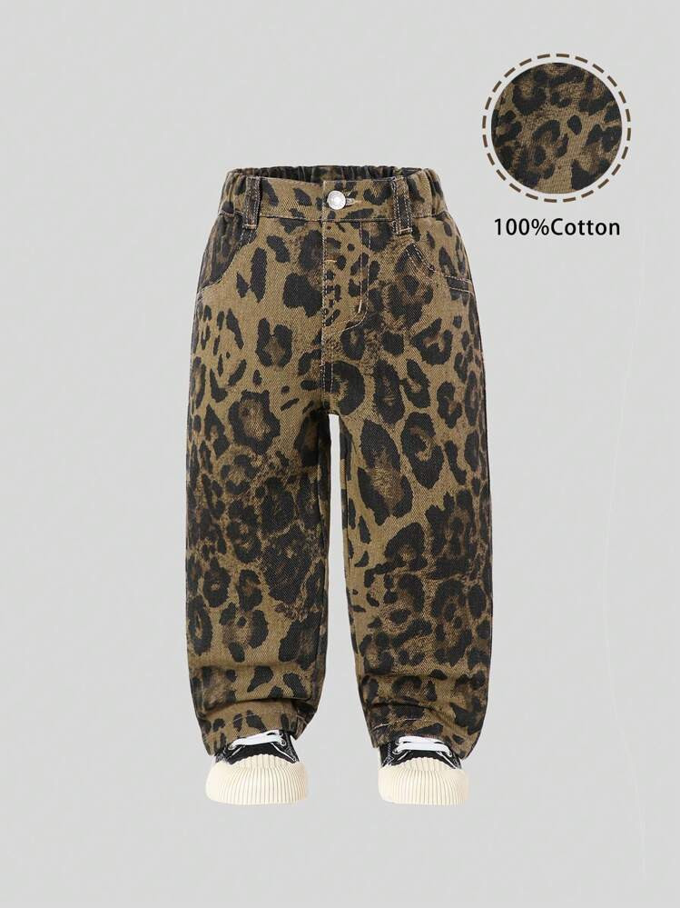 Baby Girls Elastic Waist Retro Streetwear Leopard Print Casual Relaxed Fit Tapered Denim Jeans | SHEIN