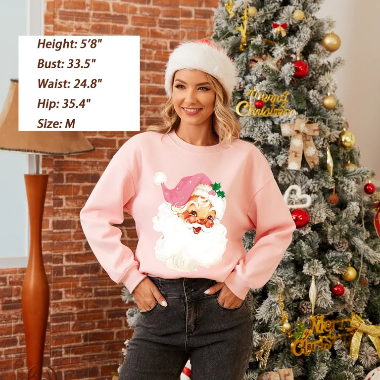 Women’s Christmas Sweatshirt, Pink “Merry and Bright” Graphic or Santa Claus Print, Cozy Fl... | Walmart (US)