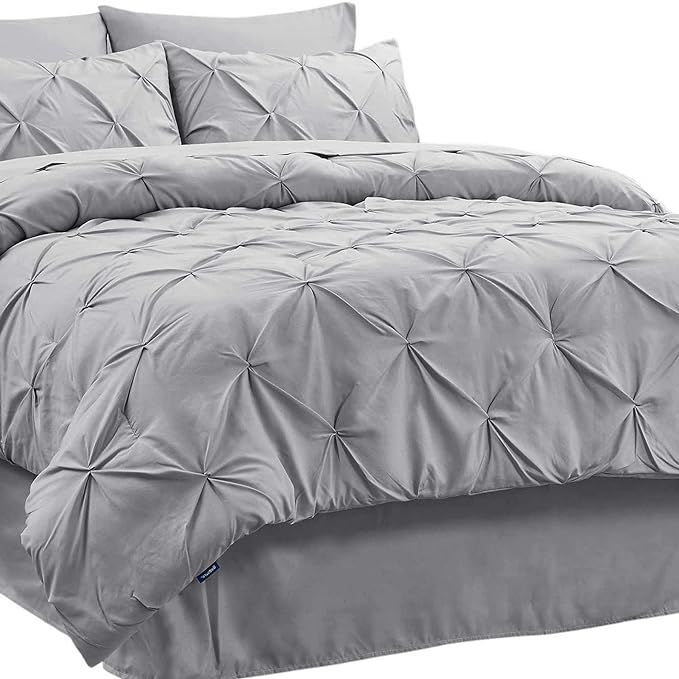 Bedsure Queen Comforter Set 8 Pieces - Pintuck Queen Bed Set, Bed in A Bag Grey Queen Size with C... | Amazon (US)