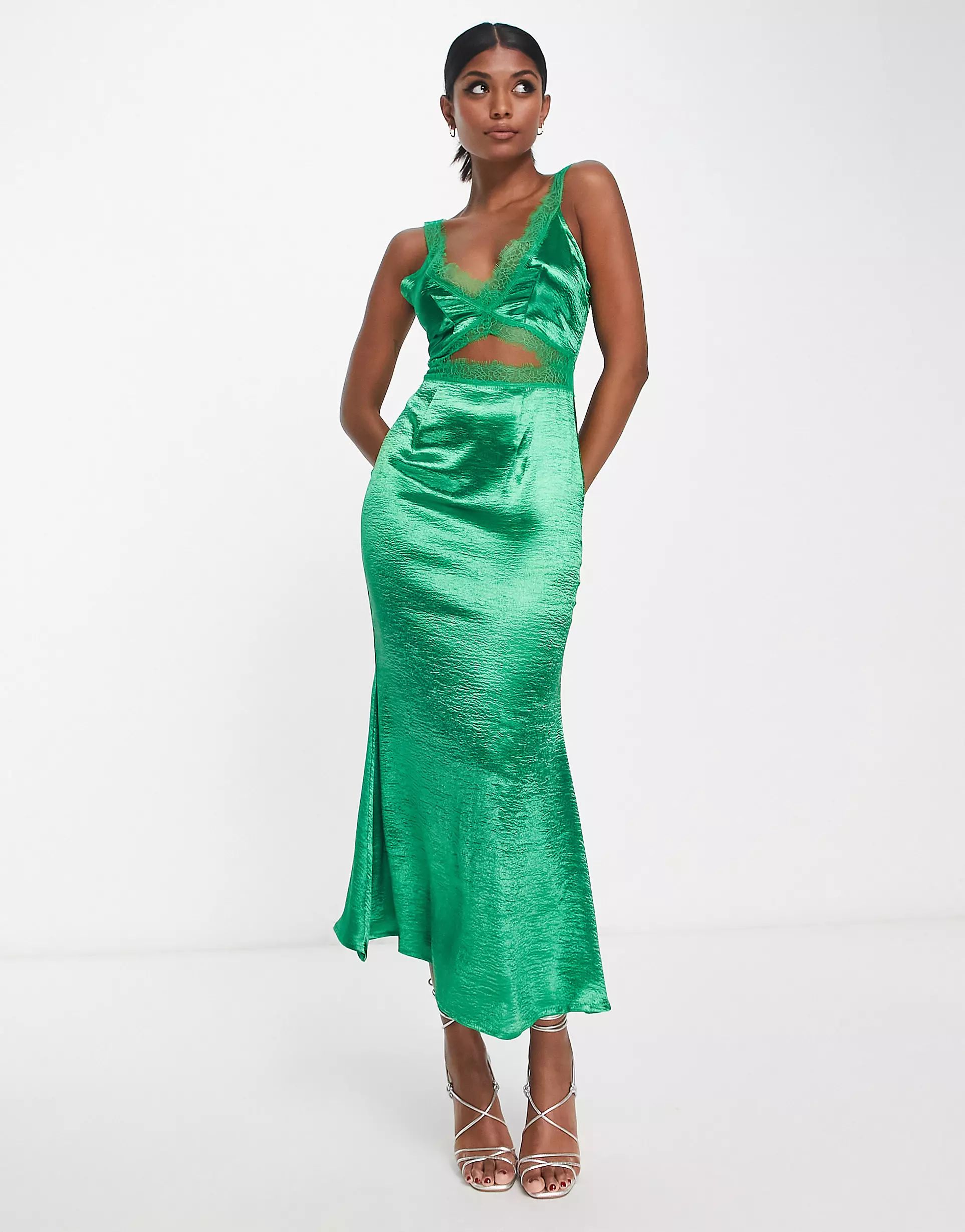 Never Fully Dressed lace cut-out slip midaxi dress in emerald | ASOS | ASOS (Global)
