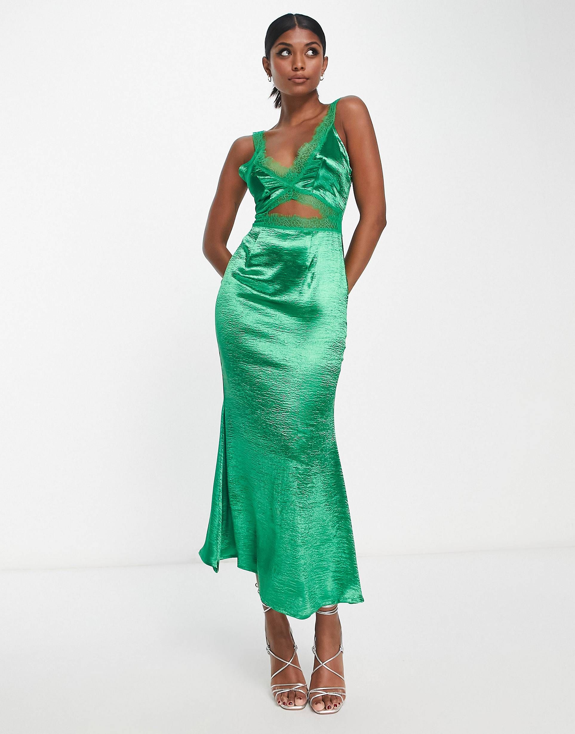 Never Fully Dressed lace cut-out slip midaxi dress in emerald | ASOS | ASOS (Global)