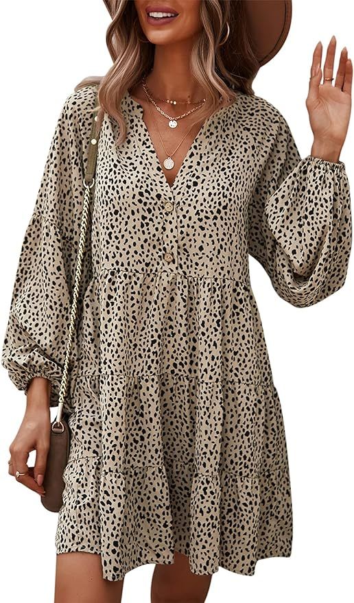 TEMOFON Women's Tunic Dress Leopard Floral Printed Long Sleeve Casual Loose V Neck Ruffle Swing M... | Amazon (US)