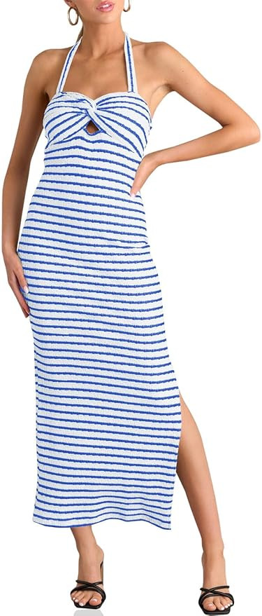 Wenrine Womens Summer Striped Halter Neck Dress Sexy Twist Front Cut Out High Split Casual Sleeve... | Amazon (US)