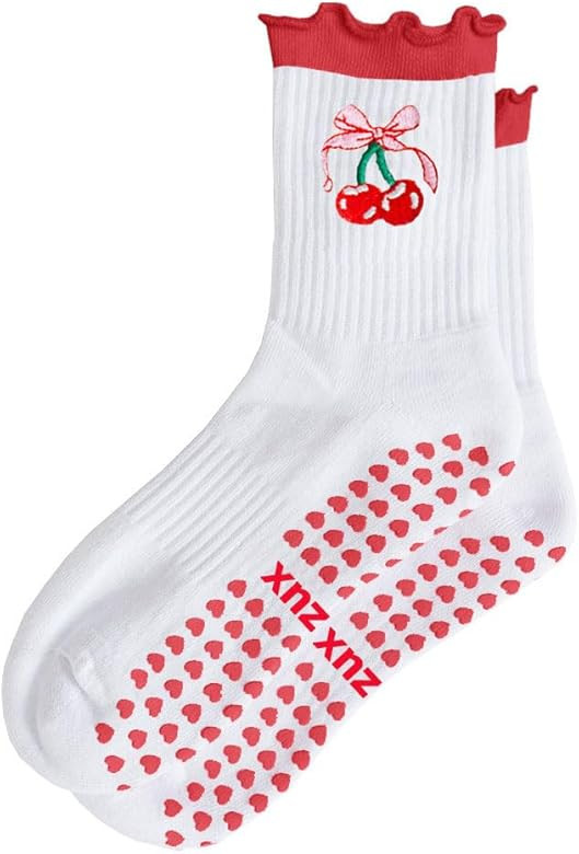 Women Cute Pilates Socks Grip Crew Yoga Socks Ruffle Cuff Embroidery Pattern Workout Ballet Socks | Amazon (US)