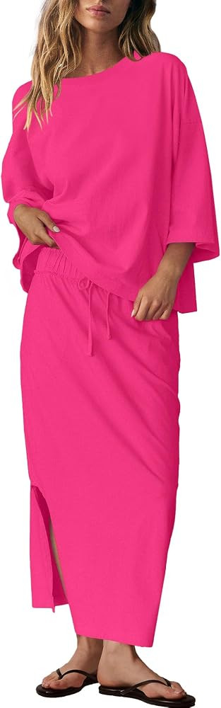 LAMISSCHE Skirt Sets Women 2 Piece Outfits Casual Lounge Set Back Vented Tops and Maxi Dress with... | Amazon (US)