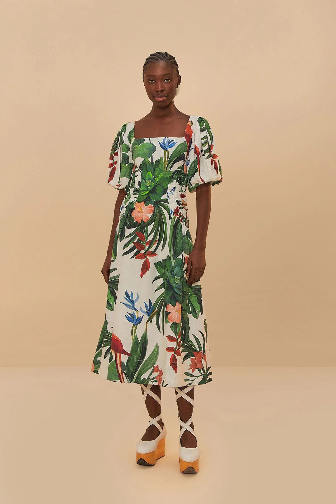 Off-White Midnight Macaw Fiesta Midi Dress | FarmRio (US)